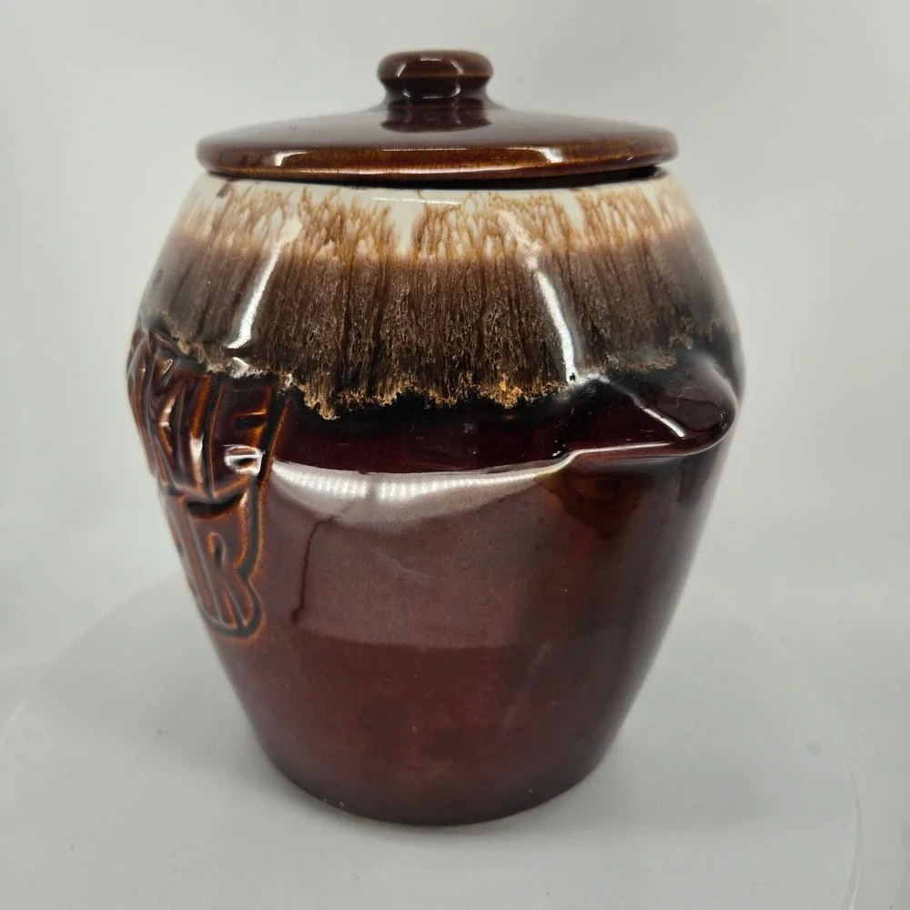 Vintage‎ McCoy USA Pottery Brown Drip Glaze Cookie Jar Lidded Bean Pot - Chipped
